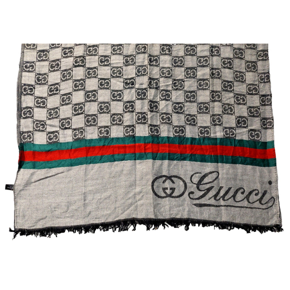 Gucci Black Gray GG Logo Print Red & Green Stripe Cashmere Silk Scarf Pre-owned - Picture 9 of 16